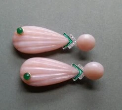 Carved Pink Opal Engraved Drops Emerald Diamonds Green Enamel Gold Earrings -Mode Bijouterie Magasin 20201031 171912 master