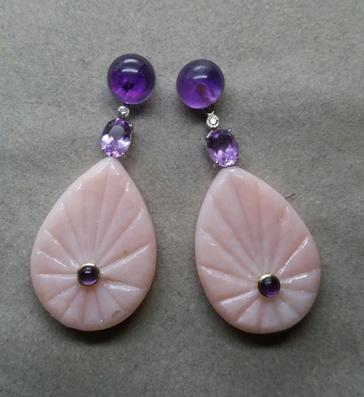 Amethyst White Gold Diamonds Engraved Pink Opal Flat Drops Earrings 10 Amethyst White Gold Diamonds Engraved Pink Opal Flat Drops Earrings – Image 8