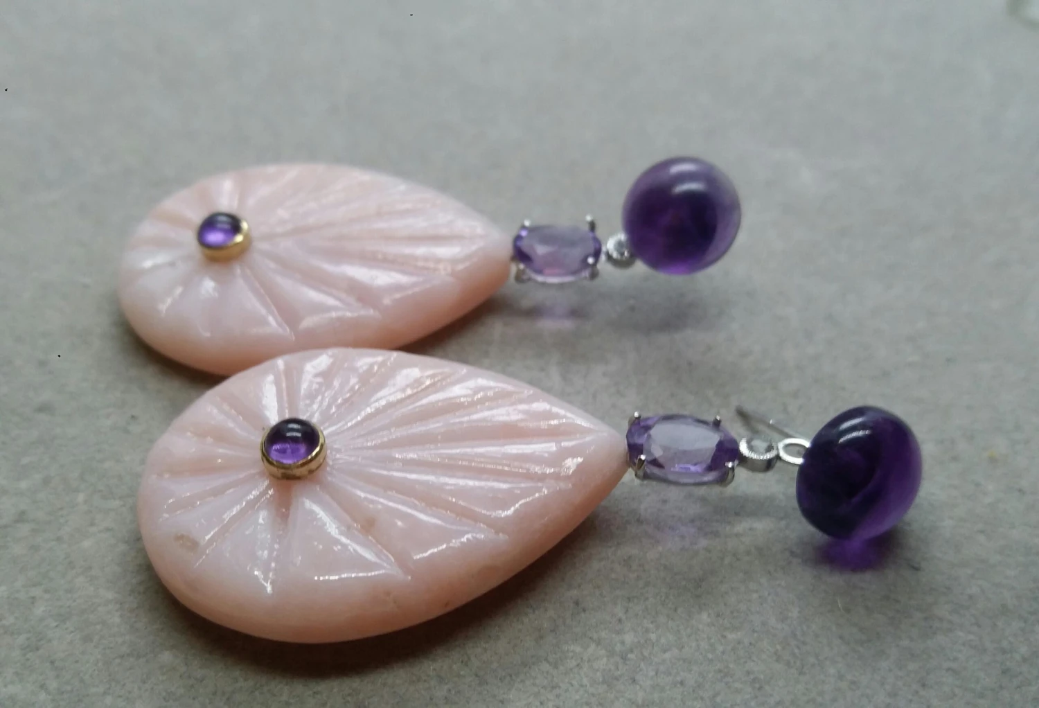 Amethyst White Gold Diamonds Engraved Pink Opal Flat Drops Earrings 9 Amethyst White Gold Diamonds Engraved Pink Opal Flat Drops Earrings – Image 7