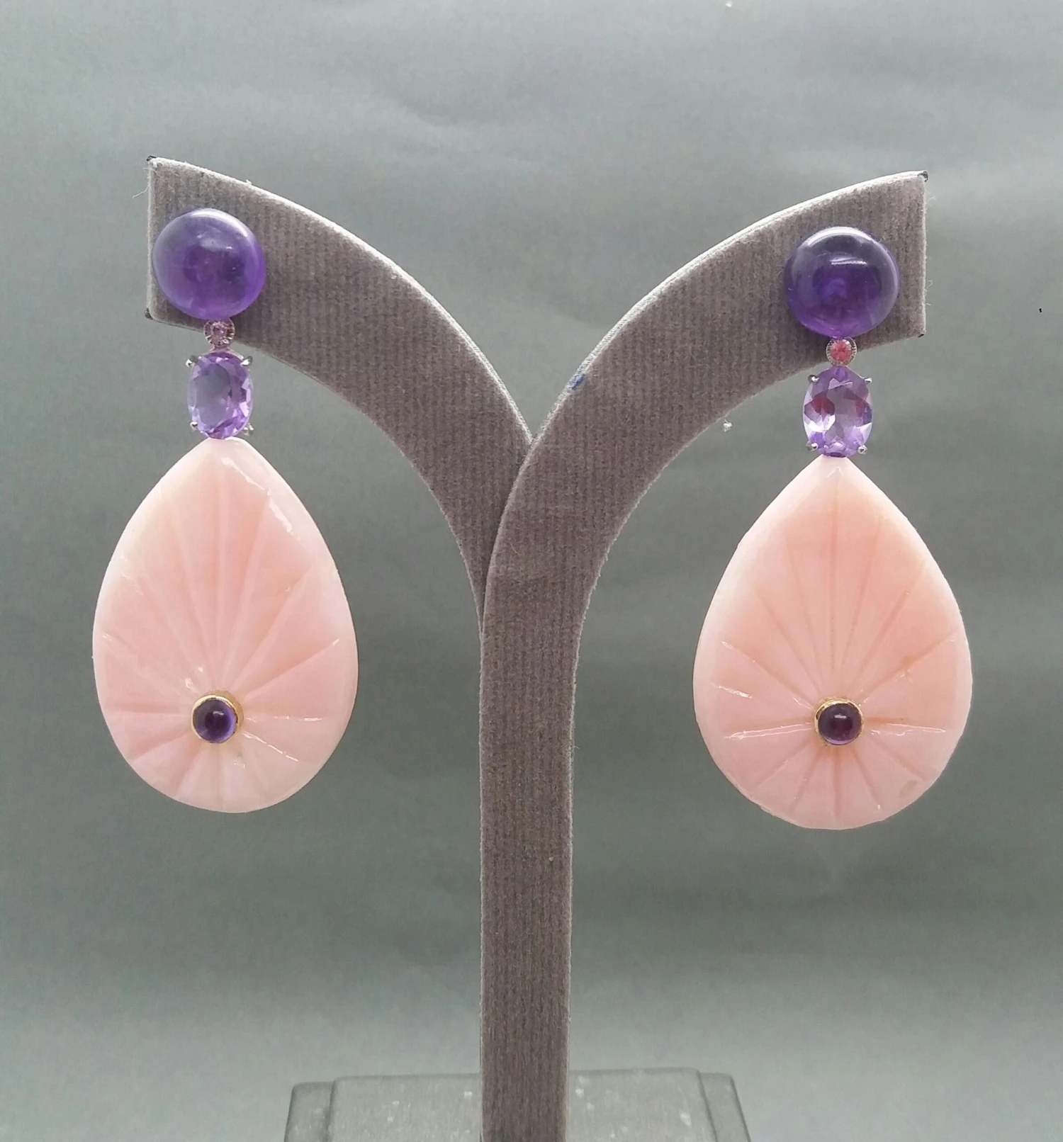 Amethyst White Gold Diamonds Engraved Pink Opal Flat Drops Earrings 5 Amethyst White Gold Diamonds Engraved Pink Opal Flat Drops Earrings – Image 3