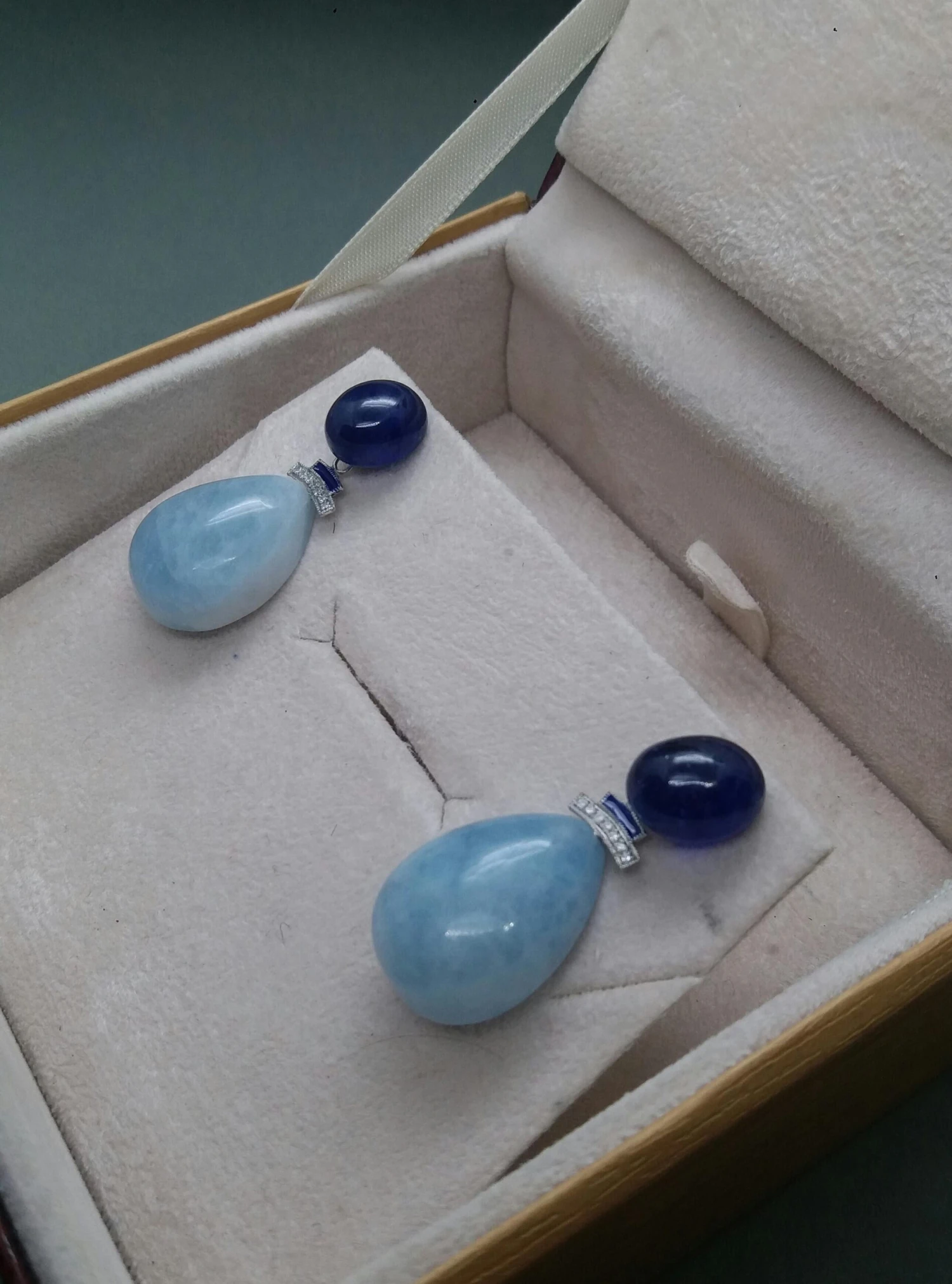 Art Deco Style Gold Diamonds Blue Sapphire Enamel Aquamarine Drops Earrings 8 Art Deco Style Gold Diamonds Blue Sapphire Enamel Aquamarine Drops Earrings – Image 6