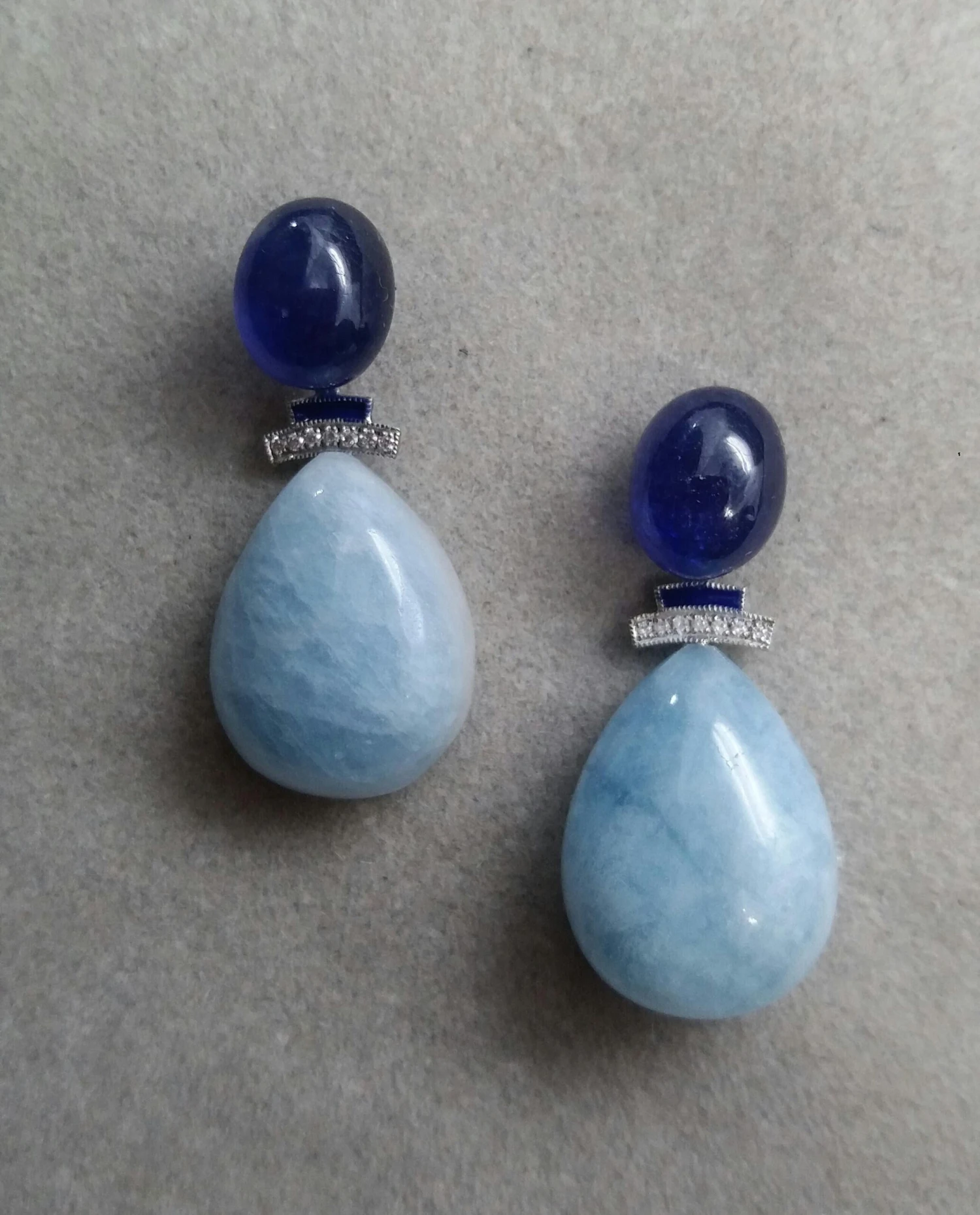 Art Deco Style Gold Diamonds Blue Sapphire Enamel Aquamarine Drops Earrings 4 Art Deco Style Gold Diamonds Blue Sapphire Enamel Aquamarine Drops Earrings – Image 2