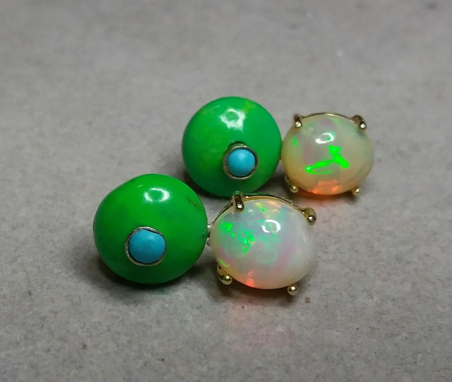 Solid Opal Cabochons Turkmenistan Green Turquoise Blue Turquoise Gold Earrings 7 Solid Opal Cabochons Turkmenistan Green Turquoise Blue Turquoise Gold Earrings – Image 5