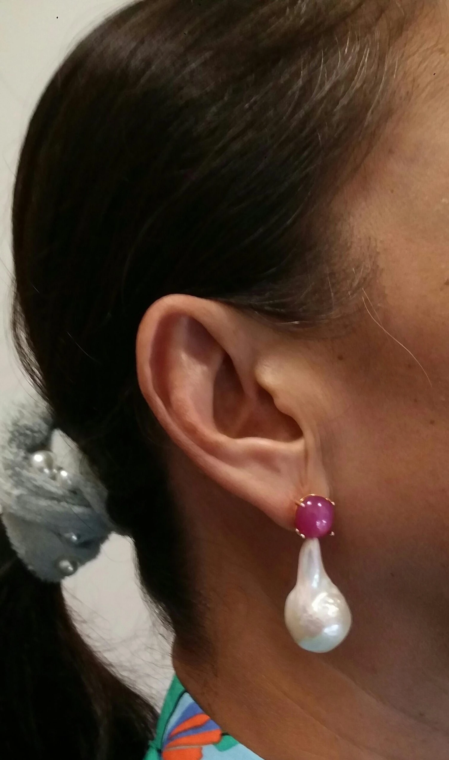 Big Size Pear Shape Baroque Pearls Oval Ruby Cabochon 14 Karat Gold Earrings 17 Big Size Pear Shape Baroque Pearls Oval Ruby Cabochon 14 Karat Gold Earrings – Image 15