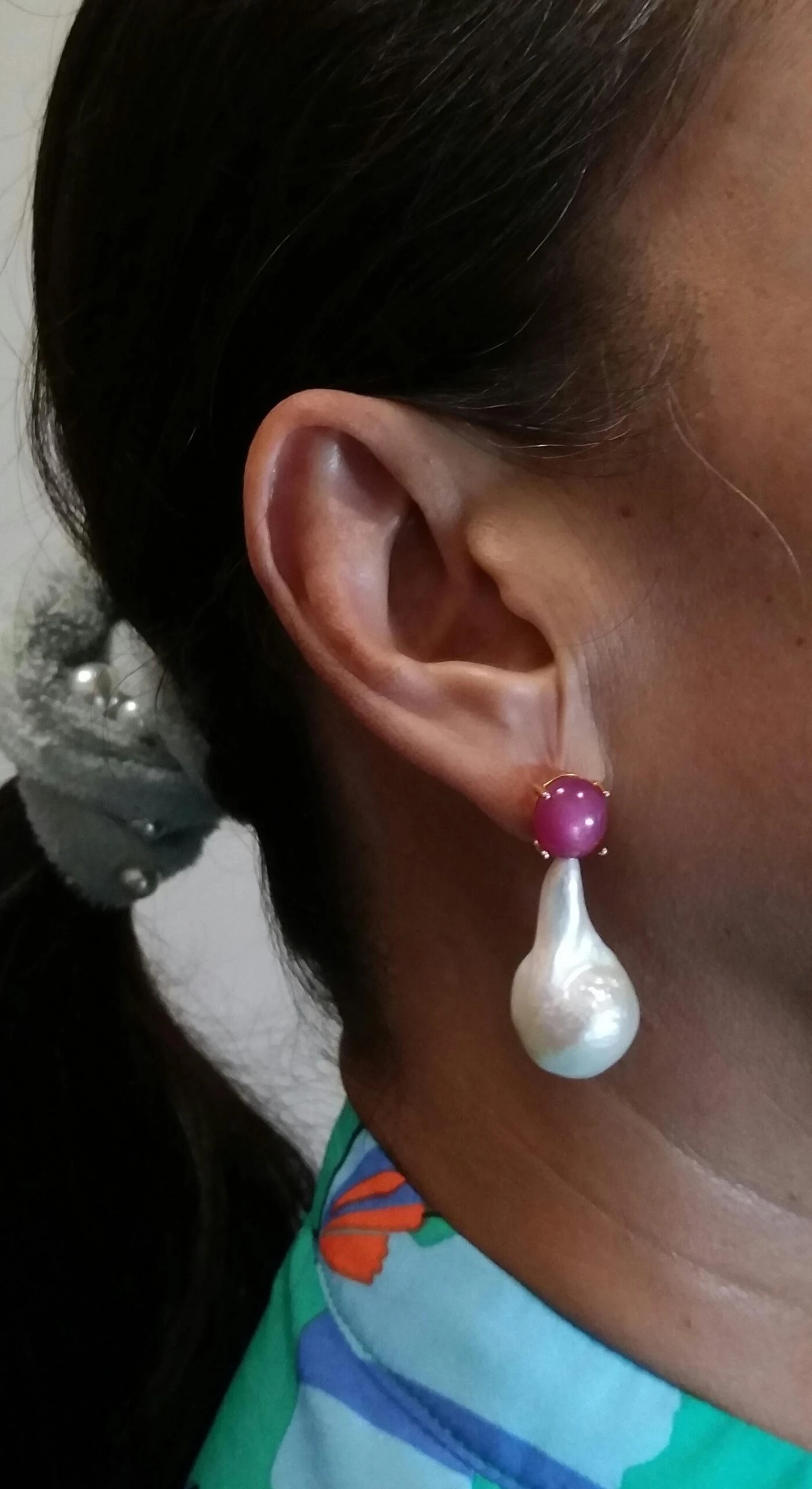 Big Size Pear Shape Baroque Pearls Oval Ruby Cabochon 14 Karat Gold Earrings 16 Big Size Pear Shape Baroque Pearls Oval Ruby Cabochon 14 Karat Gold Earrings – Image 14