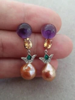 Art Deco Style Amethyst Citrine Gold Diamond Enamel Baroque Pearls Earrings -Mode Bijouterie Magasin 20210321 163645 master