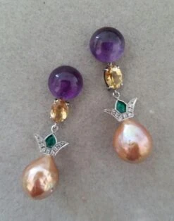 Art Deco Style Amethyst Citrine Gold Diamond Enamel Baroque Pearls Earrings -Mode Bijouterie Magasin 20210321 163731 master