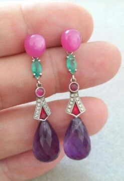 Art Deco Style Rubies Emeralds Gold Red Enamels Diamonds Amethyst Drop Earrings -Mode Bijouterie Magasin 20210415 234651 master