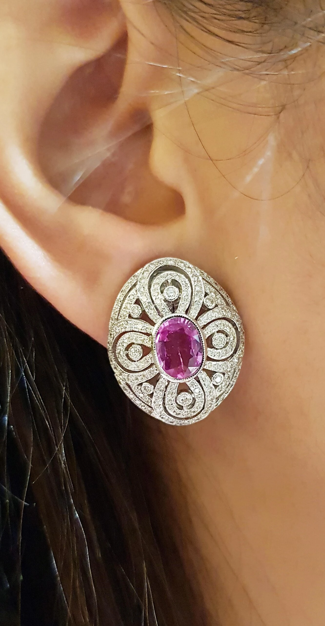 Unknown Pink Sapphire With Diamond Earrings Set In 18 Karat White Gold Settings 4 Unknown Pink Sapphire With Diamond Earrings Set In 18 Karat White Gold Settings – Image 2