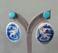 Vintage Hand Painted Motherofpearl Gold Diamond Turquoise Enamel Dangle Earrings -Mode Bijouterie Magasin 20210716 130419 master