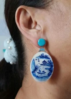 Vintage Hand Painted Motherofpearl Gold Diamond Turquoise Enamel Dangle Earrings -Mode Bijouterie Magasin 20210716 130731 master