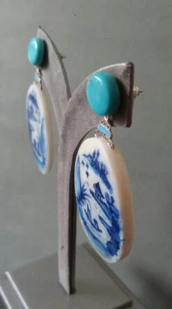 Vintage Hand Painted Motherofpearl Gold Diamond Turquoise Enamel Dangle Earrings -Mode Bijouterie Magasin 20210716 130752 master
