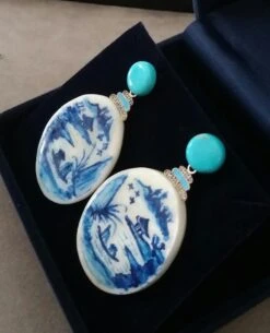 Vintage Hand Painted Motherofpearl Gold Diamond Turquoise Enamel Dangle Earrings -Mode Bijouterie Magasin 20210716 130823 master