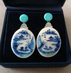 Vintage Hand Painted Motherofpearl Gold Diamond Turquoise Enamel Dangle Earrings -Mode Bijouterie Magasin 20210716 130847 master