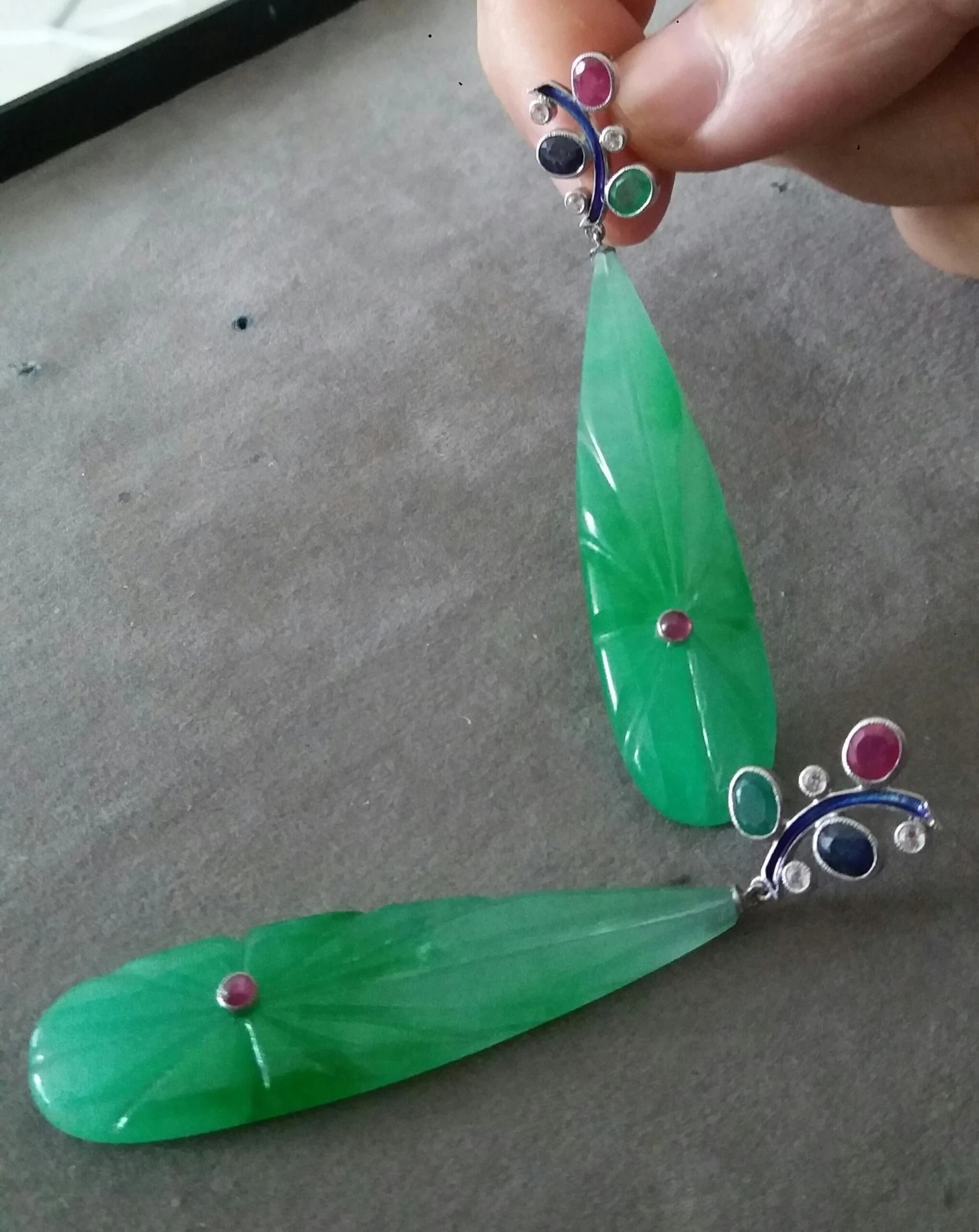 Tutti Frutti Ruby Sapphire Emerald Gold Diamonds Enamel Jade Dangle Earrings 8 Tutti Frutti Ruby Sapphire Emerald Gold Diamonds Enamel Jade Dangle Earrings – Image 6