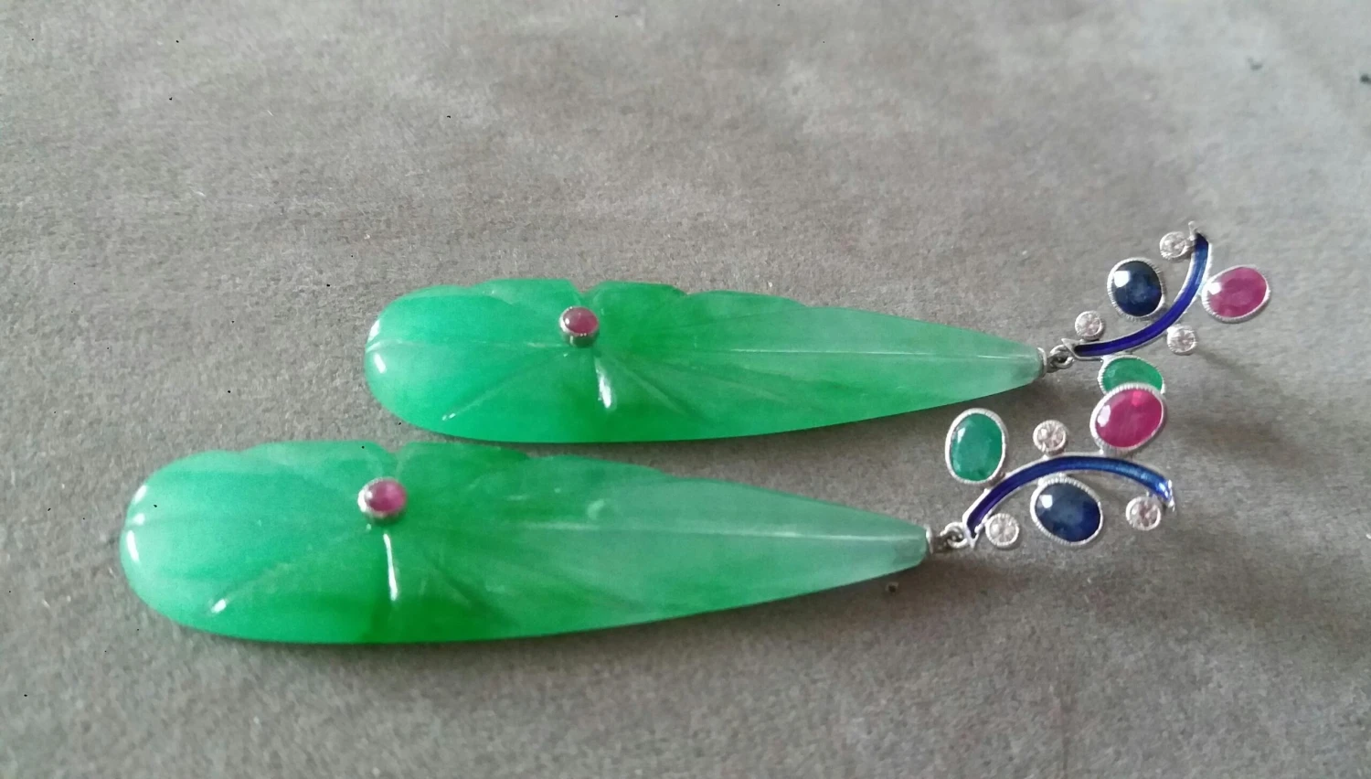 Tutti Frutti Ruby Sapphire Emerald Gold Diamonds Enamel Jade Dangle Earrings 6 Tutti Frutti Ruby Sapphire Emerald Gold Diamonds Enamel Jade Dangle Earrings – Image 4