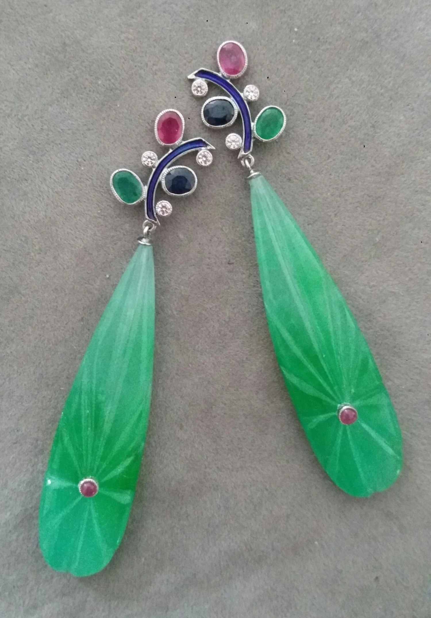 Tutti Frutti Ruby Sapphire Emerald Gold Diamonds Enamel Jade Dangle Earrings 5 Tutti Frutti Ruby Sapphire Emerald Gold Diamonds Enamel Jade Dangle Earrings – Image 3