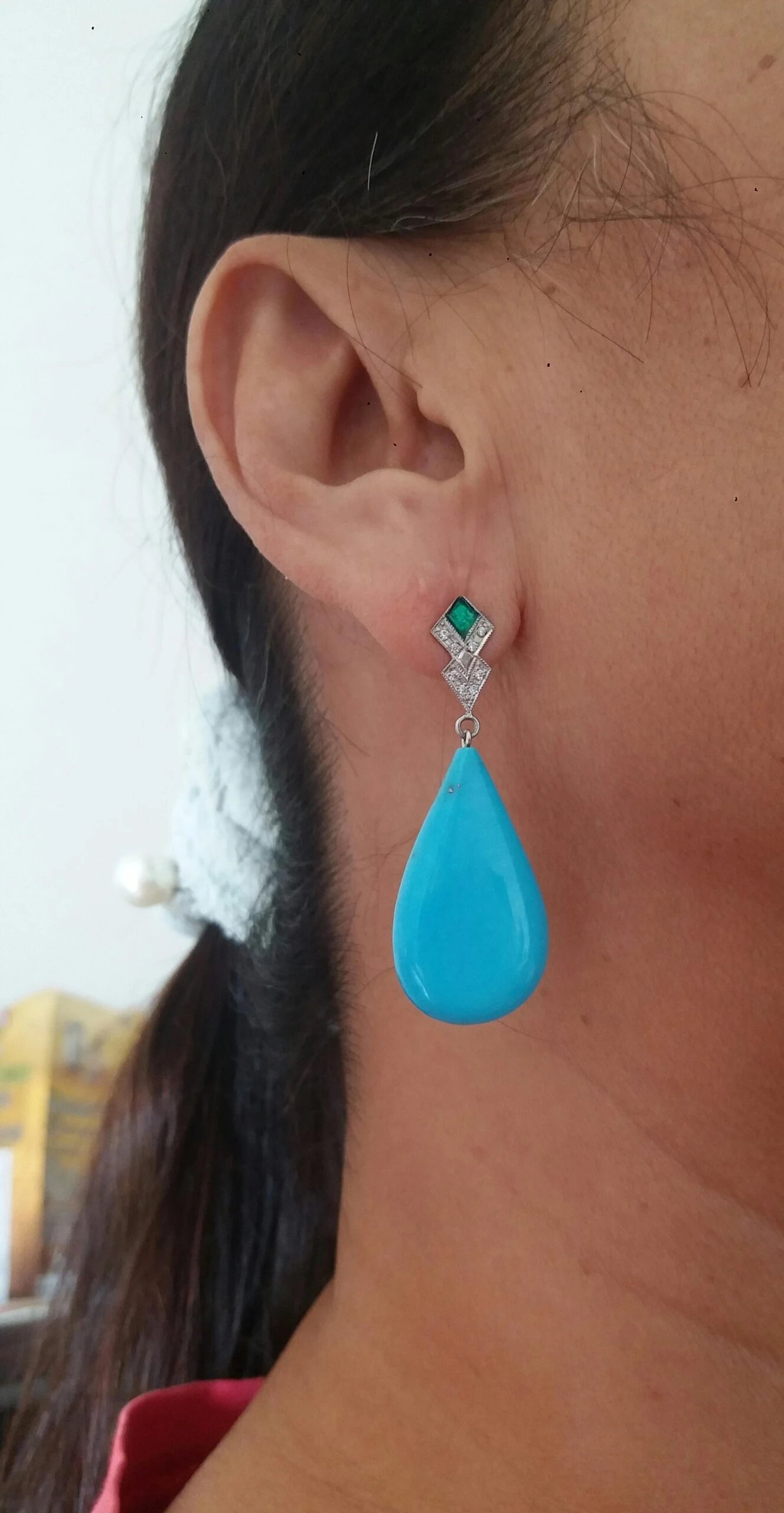 Art Deco Style Diamond Gold Green Enamel Natural Turquoise Plain Drop Earrings 14 Art Deco Style Diamond Gold Green Enamel Natural Turquoise Plain Drop Earrings – Image 12