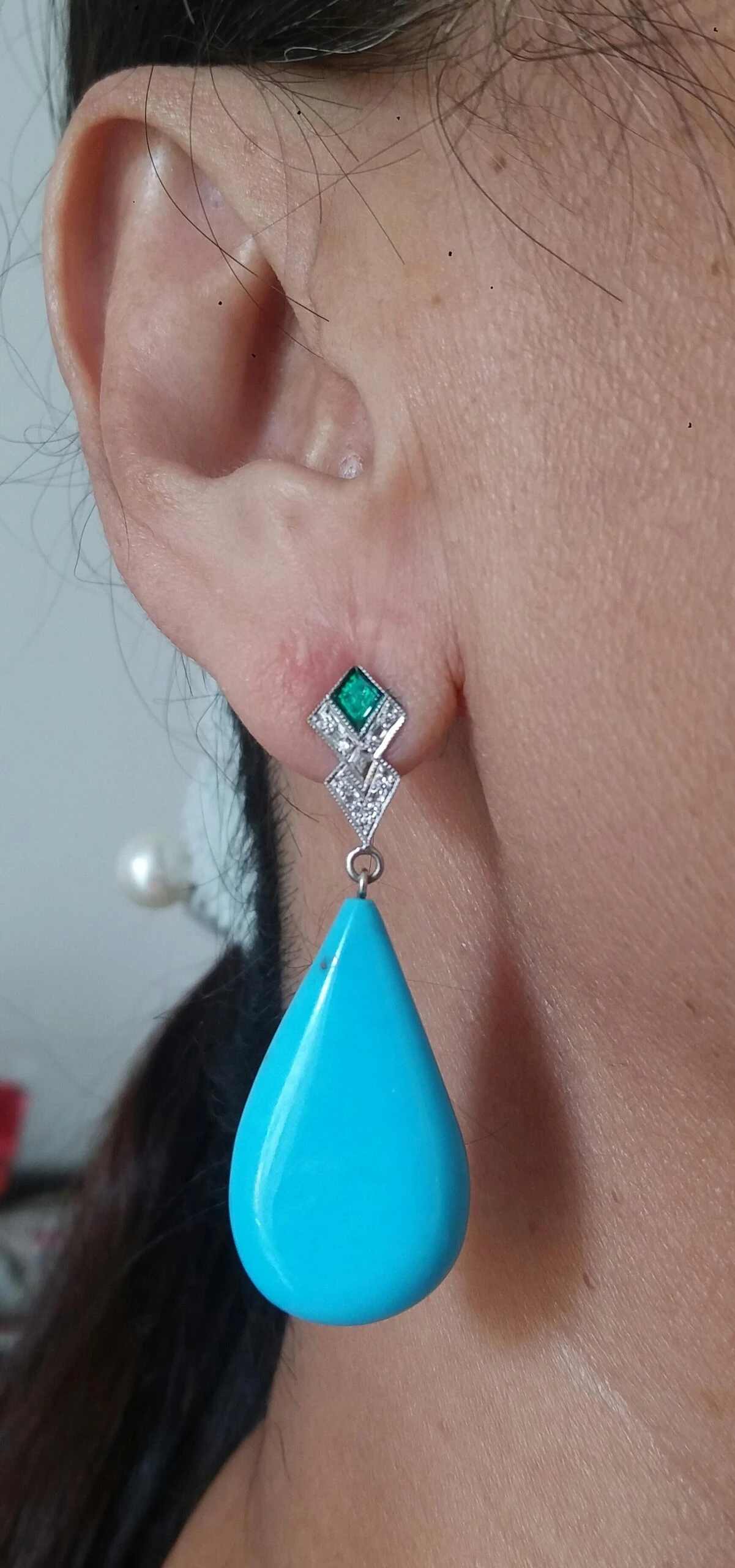 Art Deco Style Diamond Gold Green Enamel Natural Turquoise Plain Drop Earrings 13 Art Deco Style Diamond Gold Green Enamel Natural Turquoise Plain Drop Earrings – Image 11