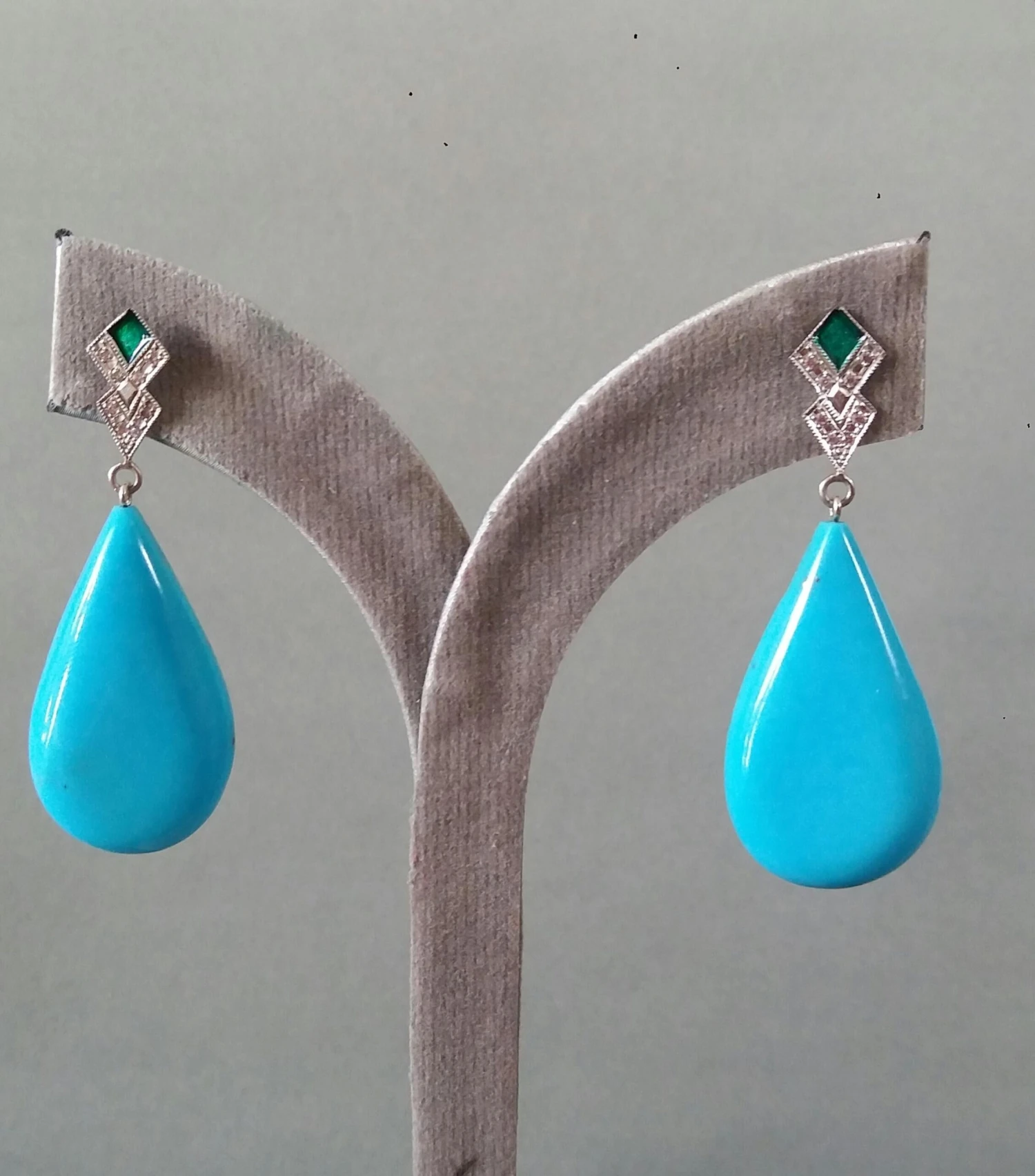Art Deco Style Diamond Gold Green Enamel Natural Turquoise Plain Drop Earrings 11 Art Deco Style Diamond Gold Green Enamel Natural Turquoise Plain Drop Earrings – Image 9
