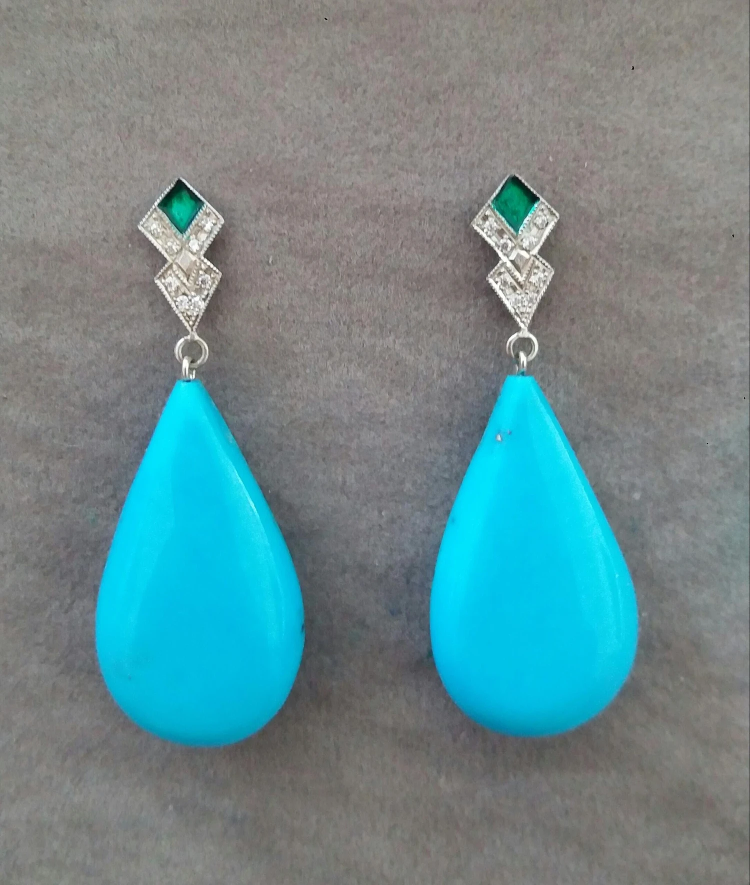 Art Deco Style Diamond Gold Green Enamel Natural Turquoise Plain Drop Earrings 4 Art Deco Style Diamond Gold Green Enamel Natural Turquoise Plain Drop Earrings – Image 2
