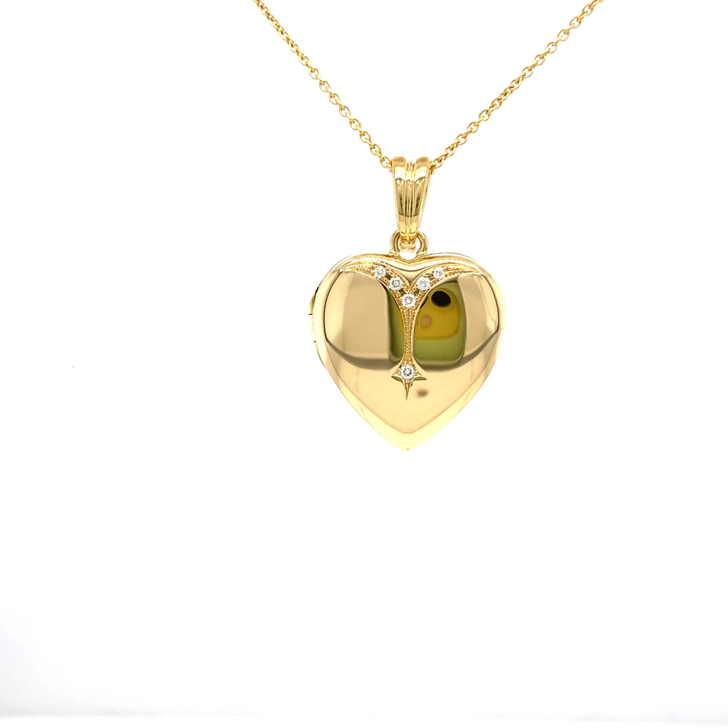 Polished Heart Locket Pendant Necklace - 18k Yellow Gold - 6 Diamonds 0.09 Ct 4 Polished Heart Locket Pendant Necklace - 18k Yellow Gold - 6 Diamonds 0.09 Ct – Image 2