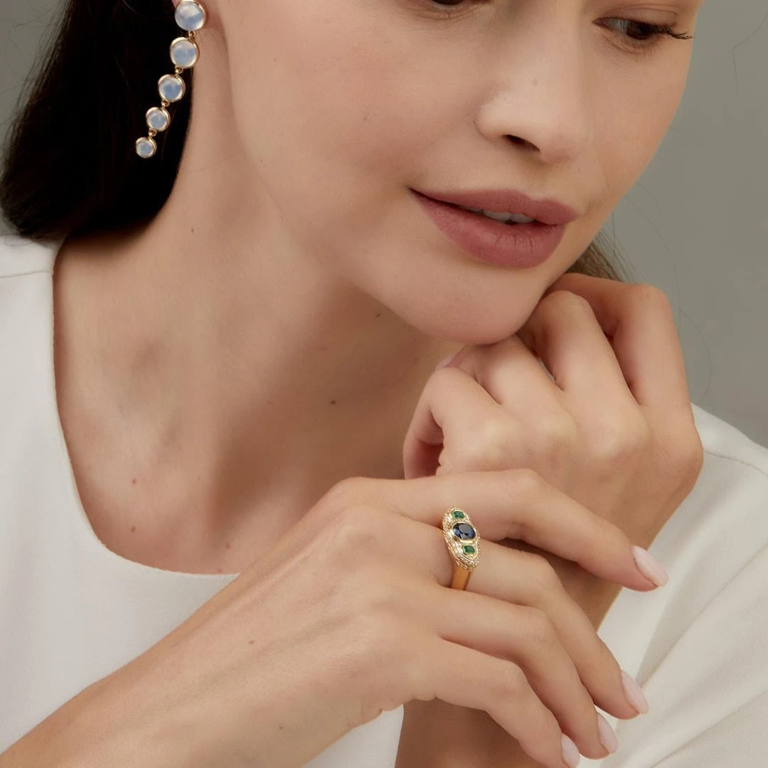 Syna Yellow Gold Blue Sapphire, Emerald And Diamond Ring 4 Syna Yellow Gold Blue Sapphire, Emerald And Diamond Ring – Image 2