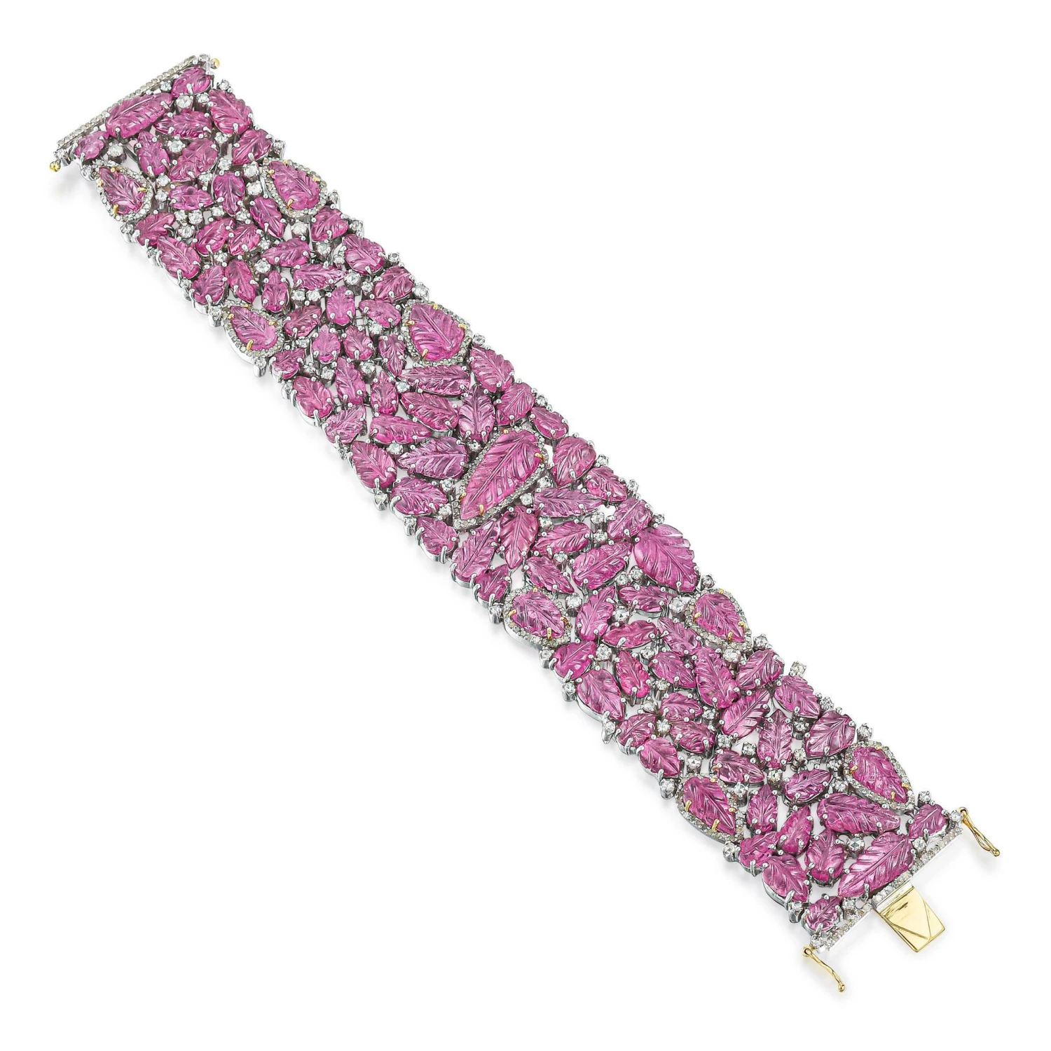 Unknown Hand Carved Pink Tourmaline Bracelet Set With Diamonds 82 Carats Total 5 Unknown Hand Carved Pink Tourmaline Bracelet Set With Diamonds 82 Carats Total – Image 3