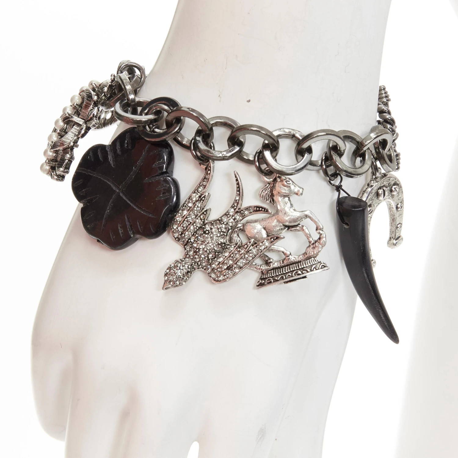 GRAZIANO Black Silver Clover Skull Crown Punk Rock Chain Charm Bracelet 4 GRAZIANO Black Silver Clover Skull Crown Punk Rock Chain Charm Bracelet – Image 2