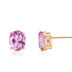 Oval Shaped Mini Ceylon Pink Sapphires Set In Yellow Gold Stud Earrings