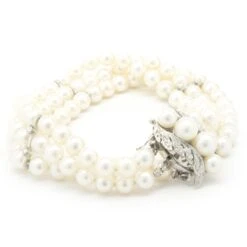 Unknown 14 Karat White Gold Vintage Diamond And Triple Strand Pearl Bracelet -Mode Bijouterie Magasin 330 74 3 master