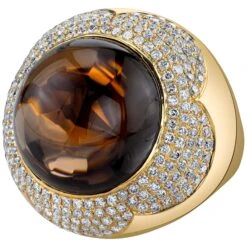 Smoky Quartz Cabochon & 2.33 Carats Diamond Pave 18k Yellow Bezel Dome Ring