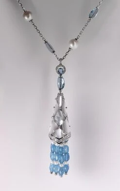 Unknown Gold Tassel Necklace With Australian Pearls, White Diamonds And Aquamarines -Mode Bijouterie Magasin 4 master 29