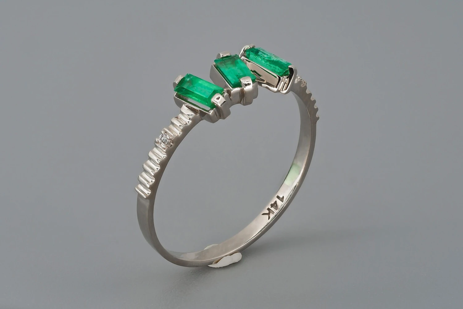 Baguette Emeralds And Diamonds 14k Gold Ring. 3 Gemstone Ring. 12 Baguette Emeralds And Diamonds 14k Gold Ring. 3 Gemstone Ring. – Image 10