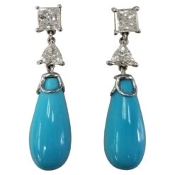 14K Wg Princess-Trillion Cut Diamond Sleeping Beauty Turquoise Drop Earrings
