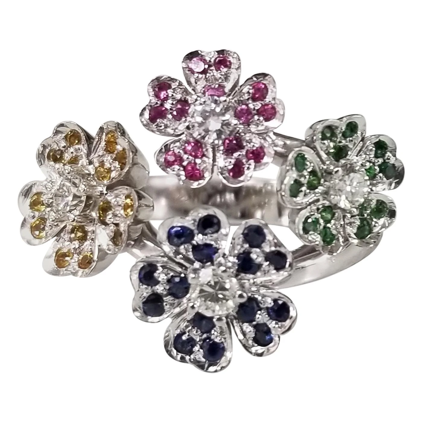 14 Karat White Gold "Bouquet" Of Colored Stones Flowers Ring 3 14 Karat White Gold "Bouquet" Of Colored Stones Flowers Ring