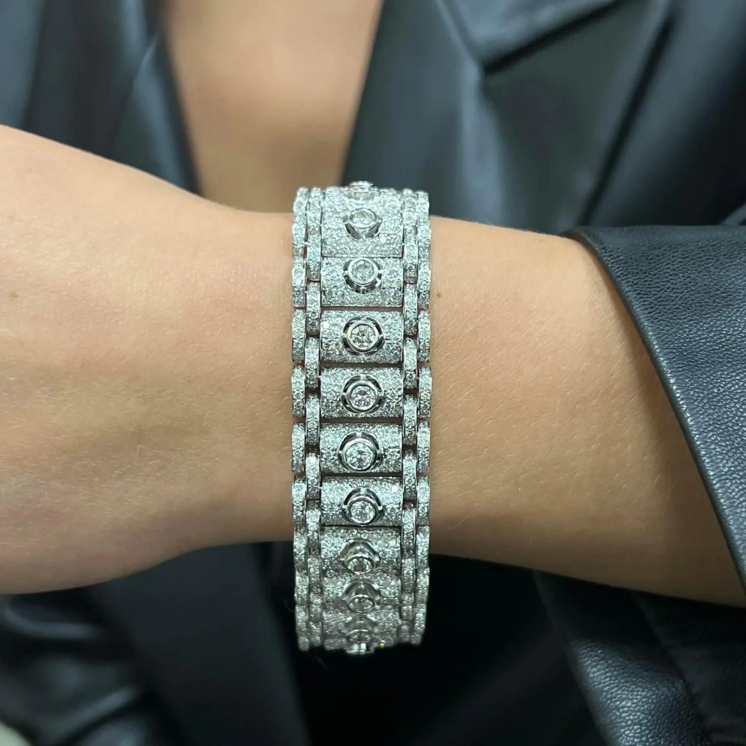 8.00cttw Antique Round Cut Diamond Wide Fancy Bracelet 18k White Gold 8 8.00cttw Antique Round Cut Diamond Wide Fancy Bracelet 18k White Gold – Image 6