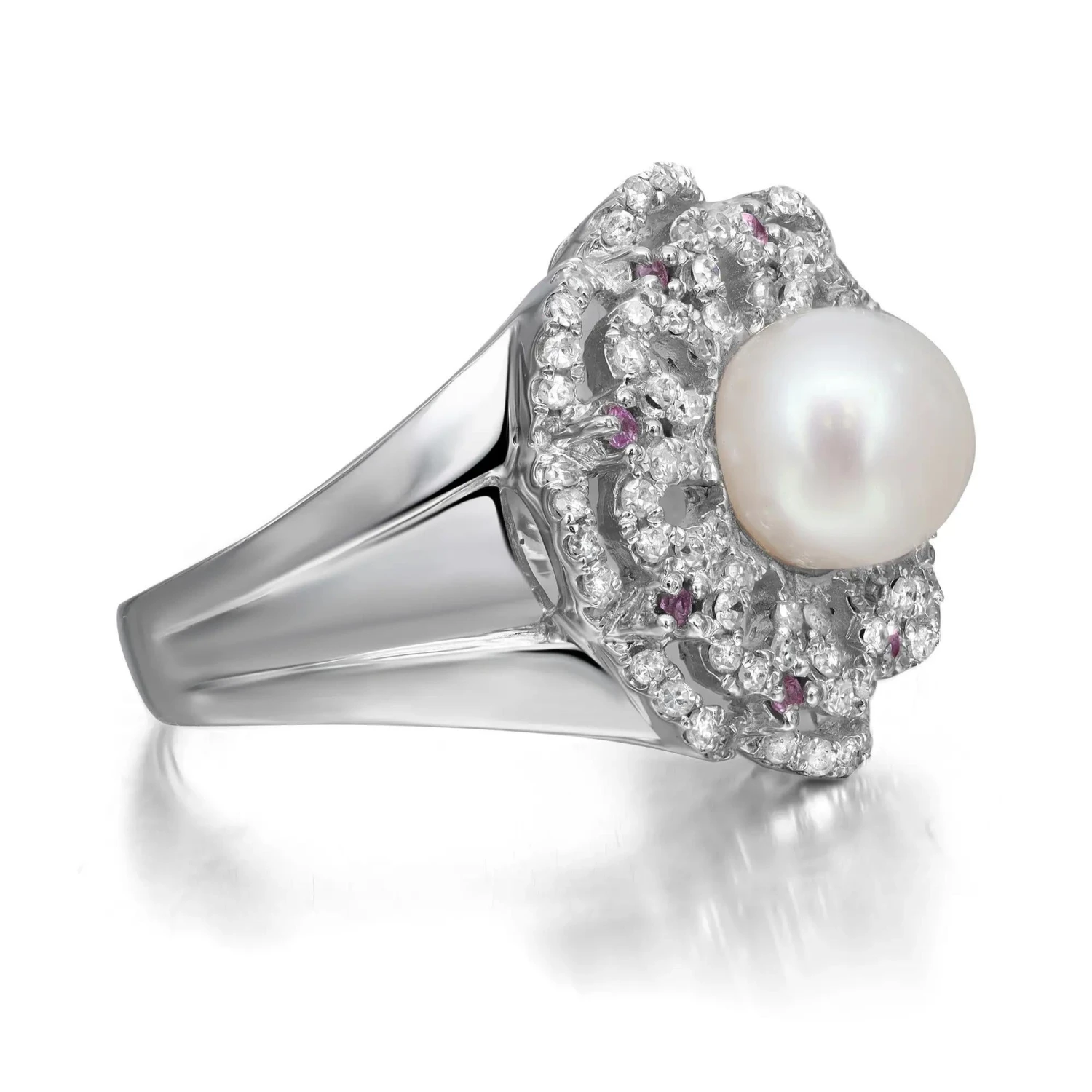 0.56ctw Diamond Pearl Pink Sapphire Ladies Cocktail Ring 14k White Gold 4 0.56ctw Diamond Pearl Pink Sapphire Ladies Cocktail Ring 14k White Gold – Image 2