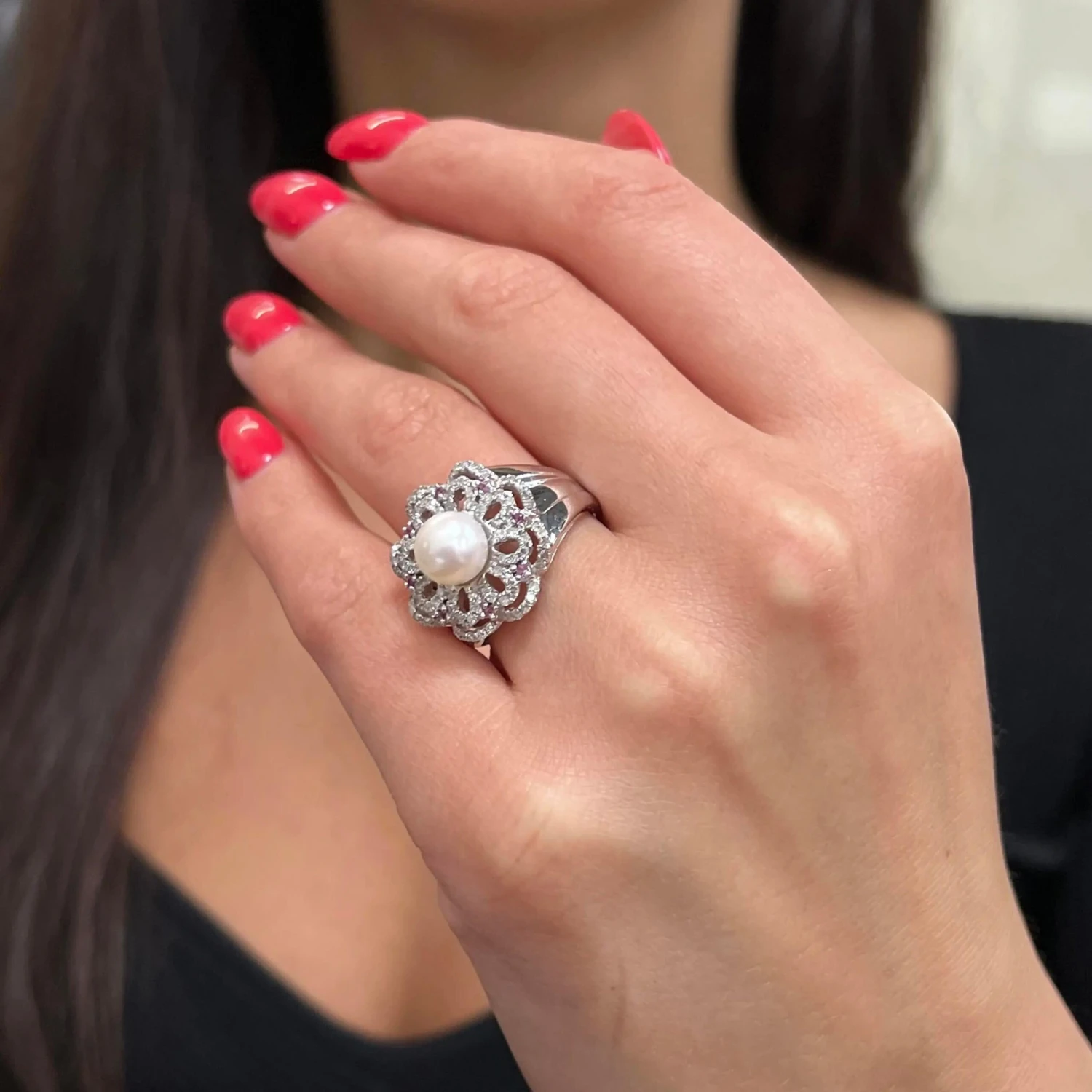 0.56ctw Diamond Pearl Pink Sapphire Ladies Cocktail Ring 14k White Gold 7 0.56ctw Diamond Pearl Pink Sapphire Ladies Cocktail Ring 14k White Gold – Image 5