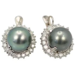 Unknown Tahitian South Seas Black Pearl Earrings With Diamond Surround