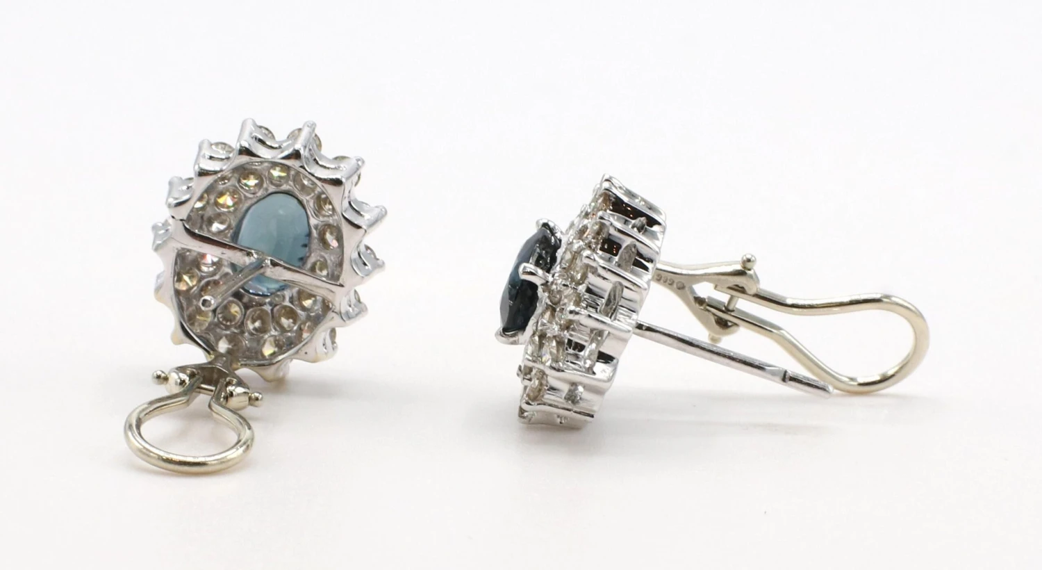 Unknown 14 Karat White Gold Natural Diamond & Blue Sapphire Halo Cluster Earrings 6 Unknown 14 Karat White Gold Natural Diamond & Blue Sapphire Halo Cluster Earrings – Image 4