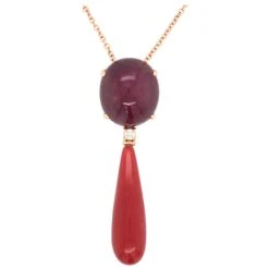 Unknown Pendant Neacklace Ruby Glass Filed Diamond Coral Rose Gold 18 Karat