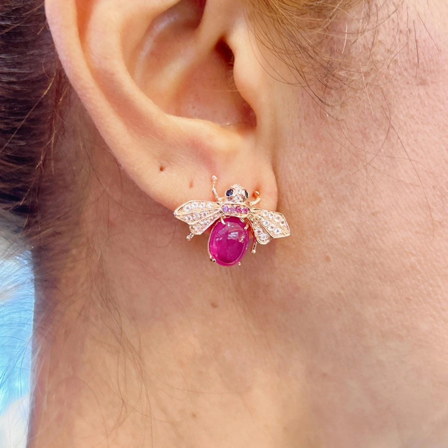 “Orient” Ruby Earrings With White Topaz & Blue Sapphire Set In 22k Gold 7 “Orient” Ruby Earrings With White Topaz & Blue Sapphire Set In 22k Gold – Image 5
