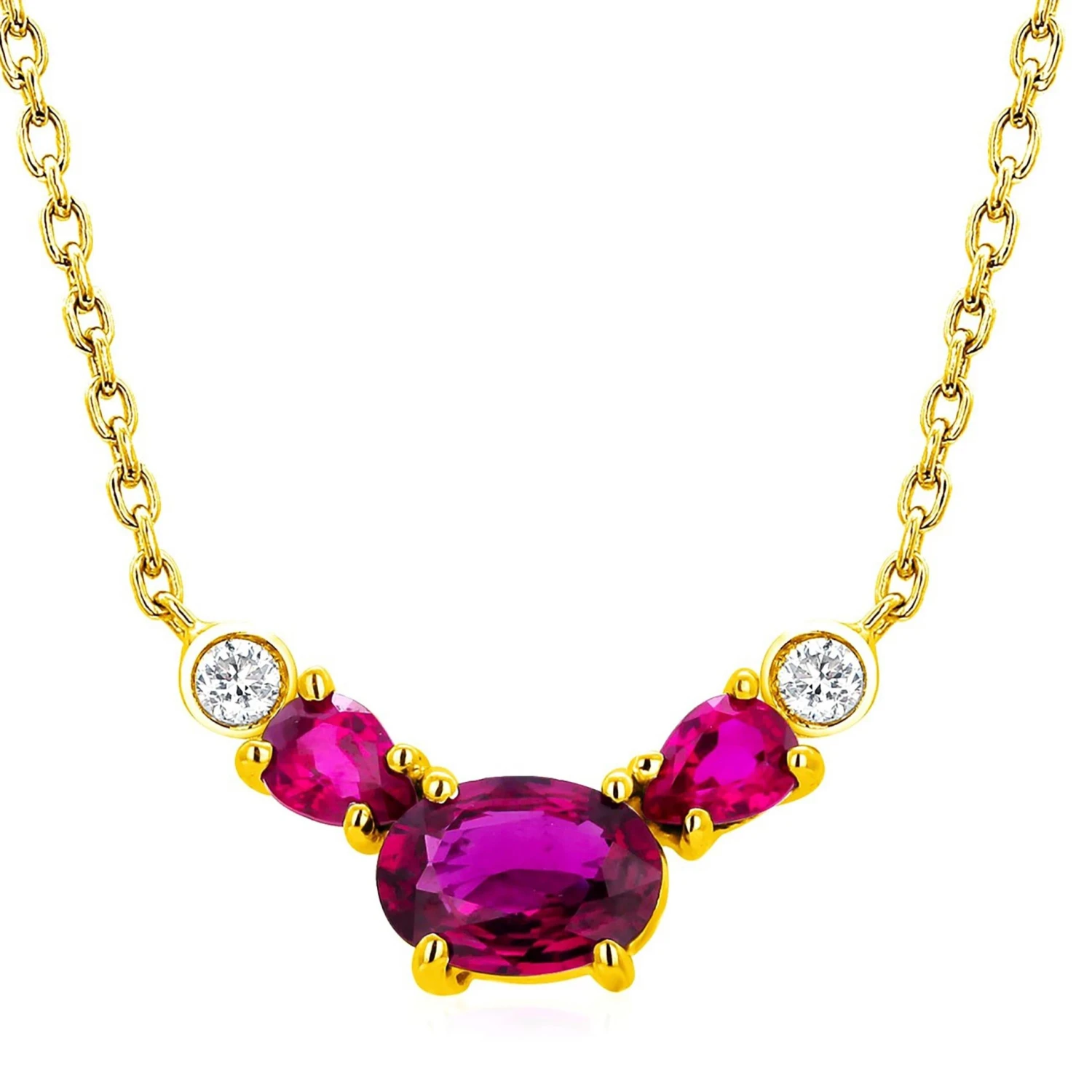 Three Burma Red Rubies Two Bezel Diamonds Yellow Gold Pendant Necklace 5 Three Burma Red Rubies Two Bezel Diamonds Yellow Gold Pendant Necklace – Image 3