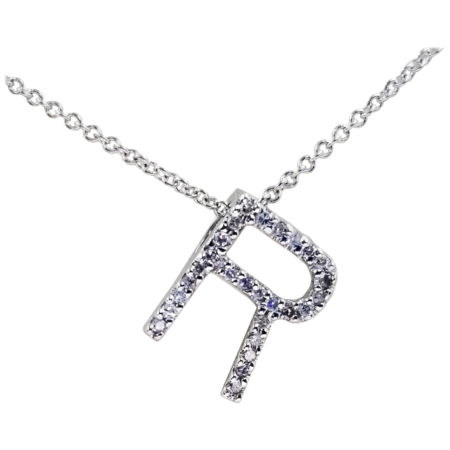 14 Karat White Gold Diamond R Initial Necklace 3 14 Karat White Gold Diamond R Initial Necklace