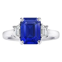 4.01 Carat Emerald Cut Blue Sapphire And Diamond Ring