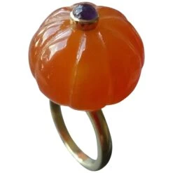 Carnelian Turban Fashion Ring Amethyst Cabochon 14 Karat Yellow Gold