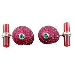 14 Karat Rose Gold Emeralds Red Shell Carnelian Cufflinks