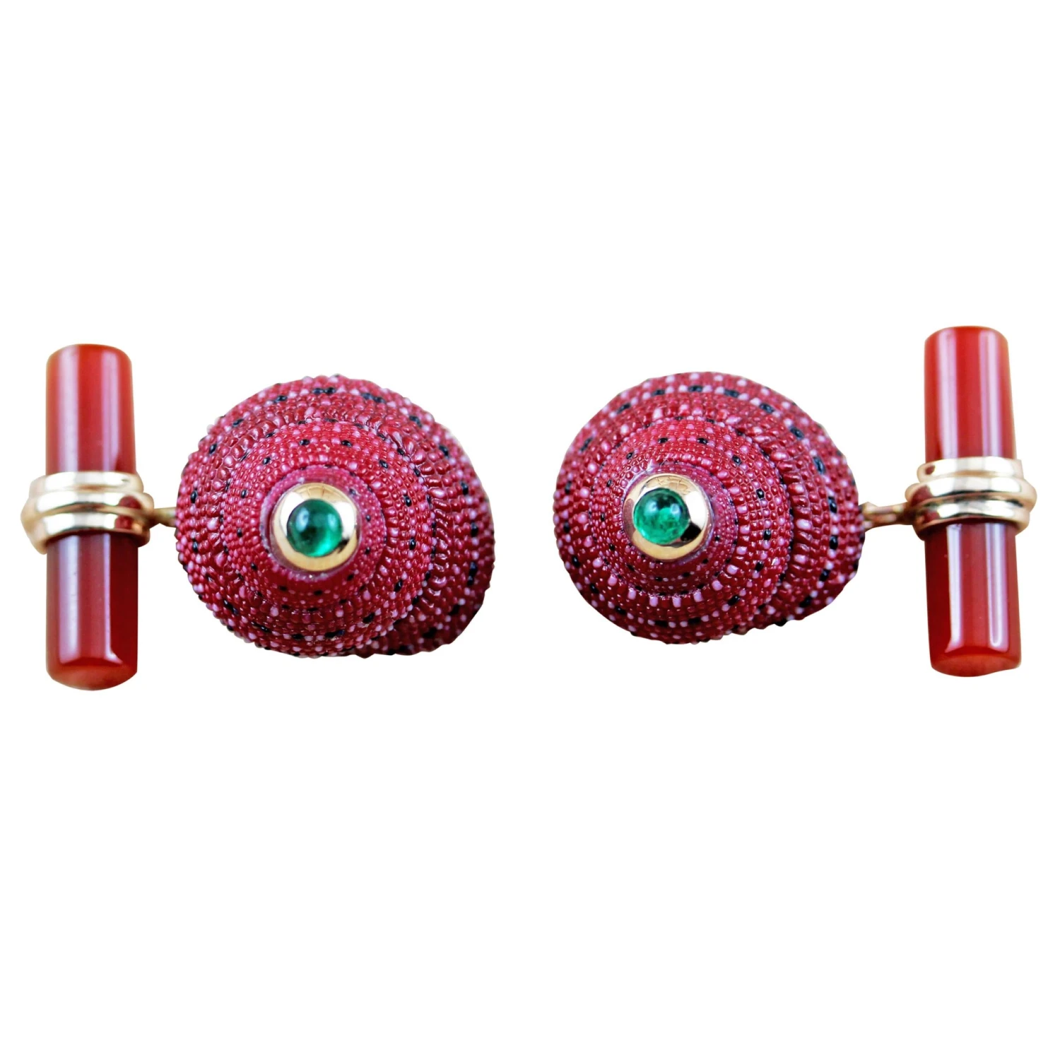 14 Karat Rose Gold Emeralds Red Shell Carnelian Cufflinks 3 14 Karat Rose Gold Emeralds Red Shell Carnelian Cufflinks