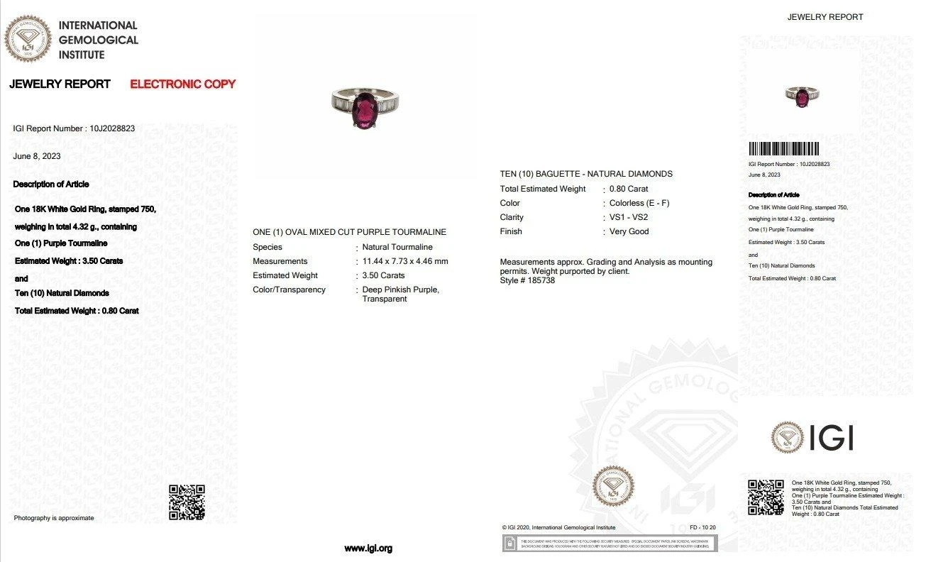 Marvelous 18k White Gold Ring W/ 4.3 Ct Tourmaline And Natural Diamonds IGI Cert 4 Marvelous 18k White Gold Ring W/ 4.3 Ct Tourmaline And Natural Diamonds IGI Cert – Image 2